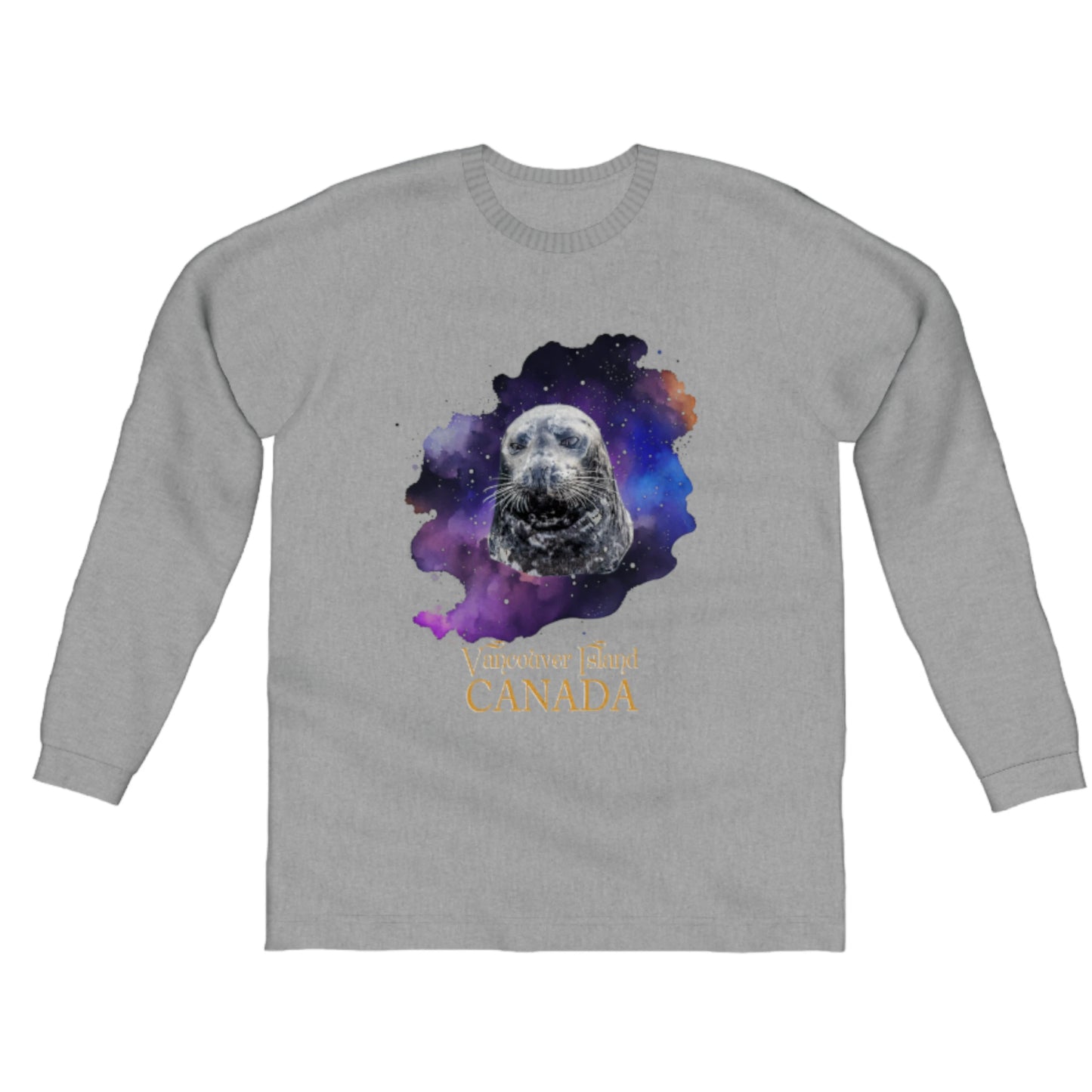 I Love Lucy Vancouver Island Canada Comfort Long Sleeve Unisex T-shirt, the image on the front is of a harbour seal with a colourful abstract background.  the words on the t-shirt read Vancouver Island Canada