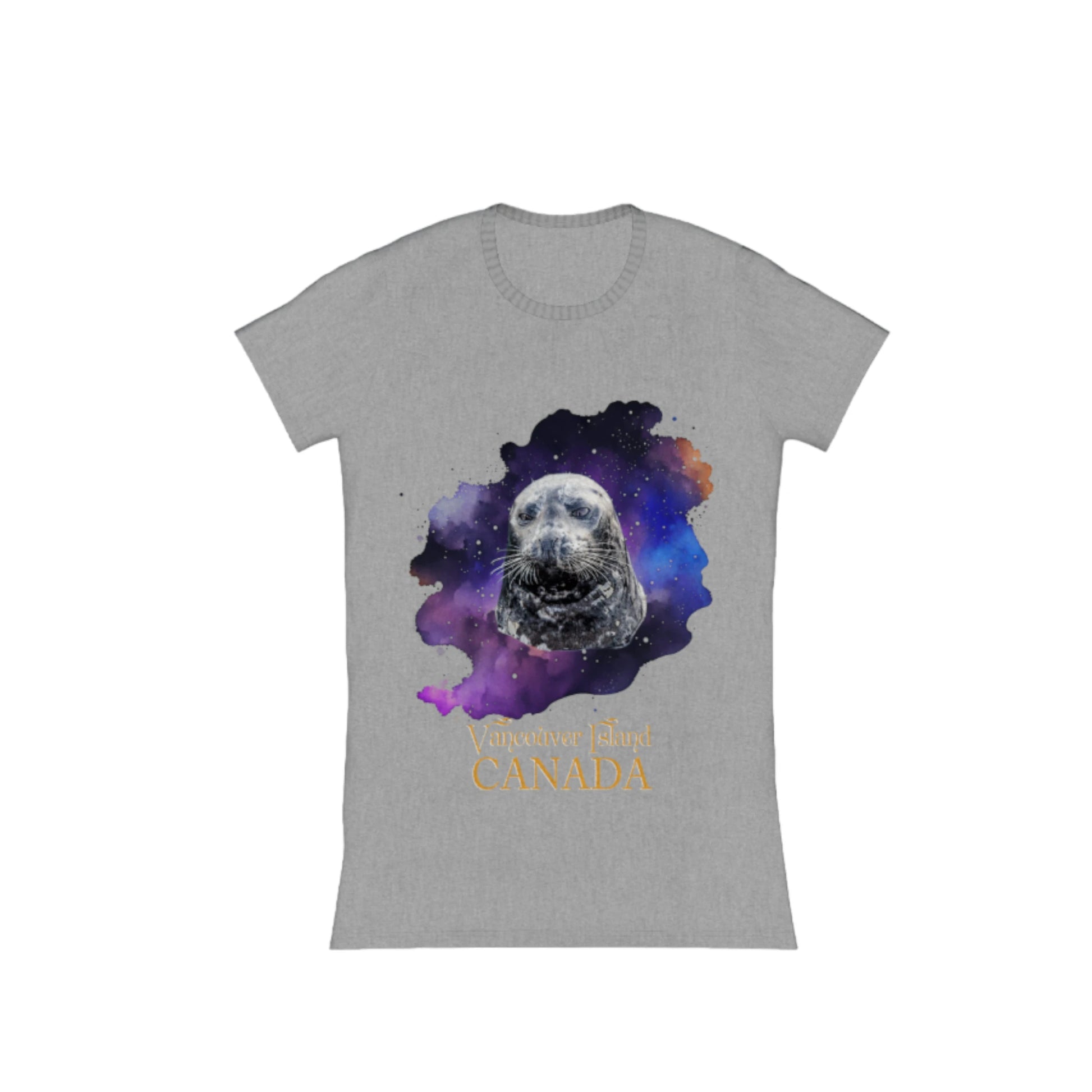 I Love Lucy Vancouver Island Canada Comfort Slim Fit T-Shirt. The image is of a harbour seal with a colorful blue, purple abstract background.  by vanislegoddess.com