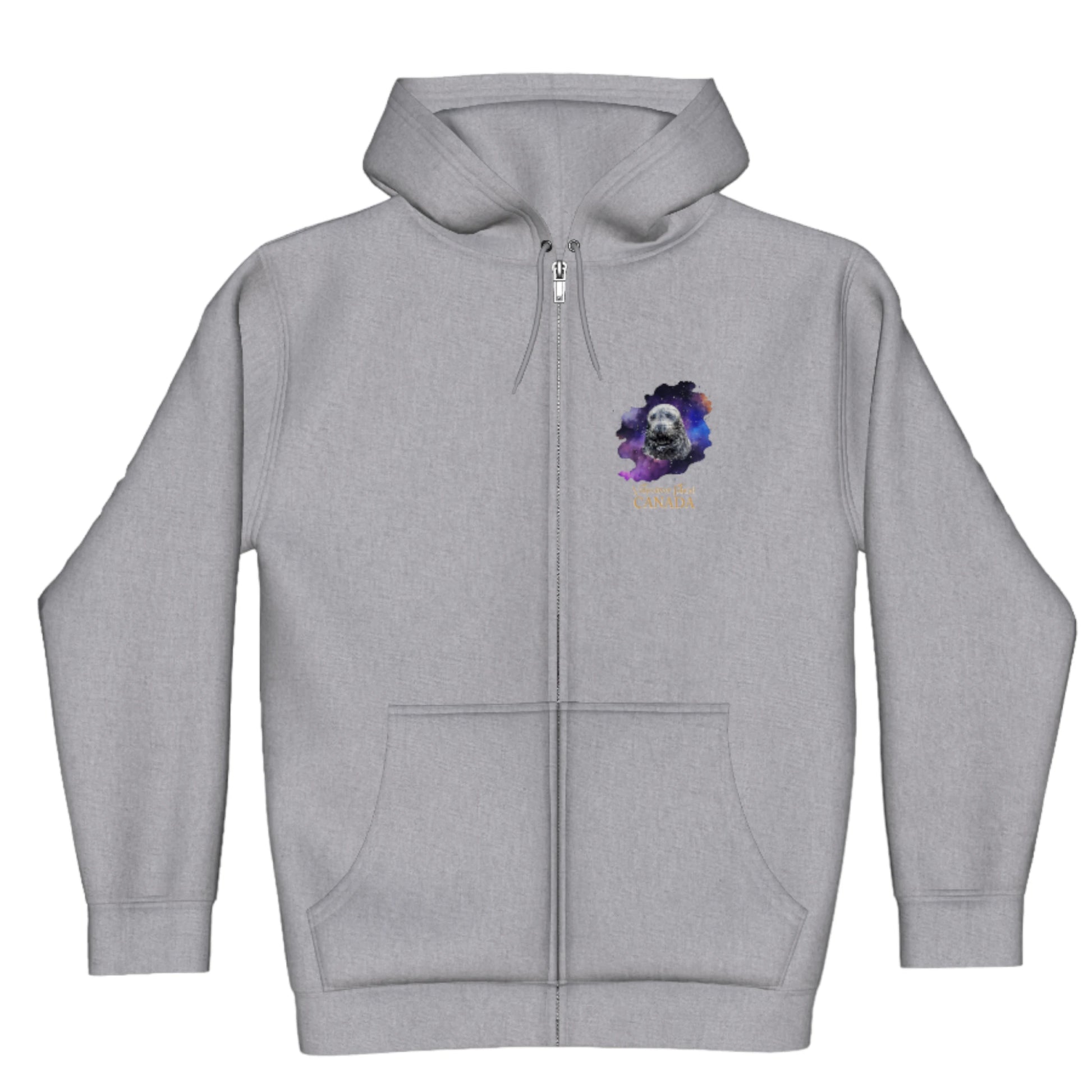 I Love Lucy Vancouver Island Canada Premium Zipper Hoodie. The image is of a harbour seal and is printed on both sides of the hoodie.
