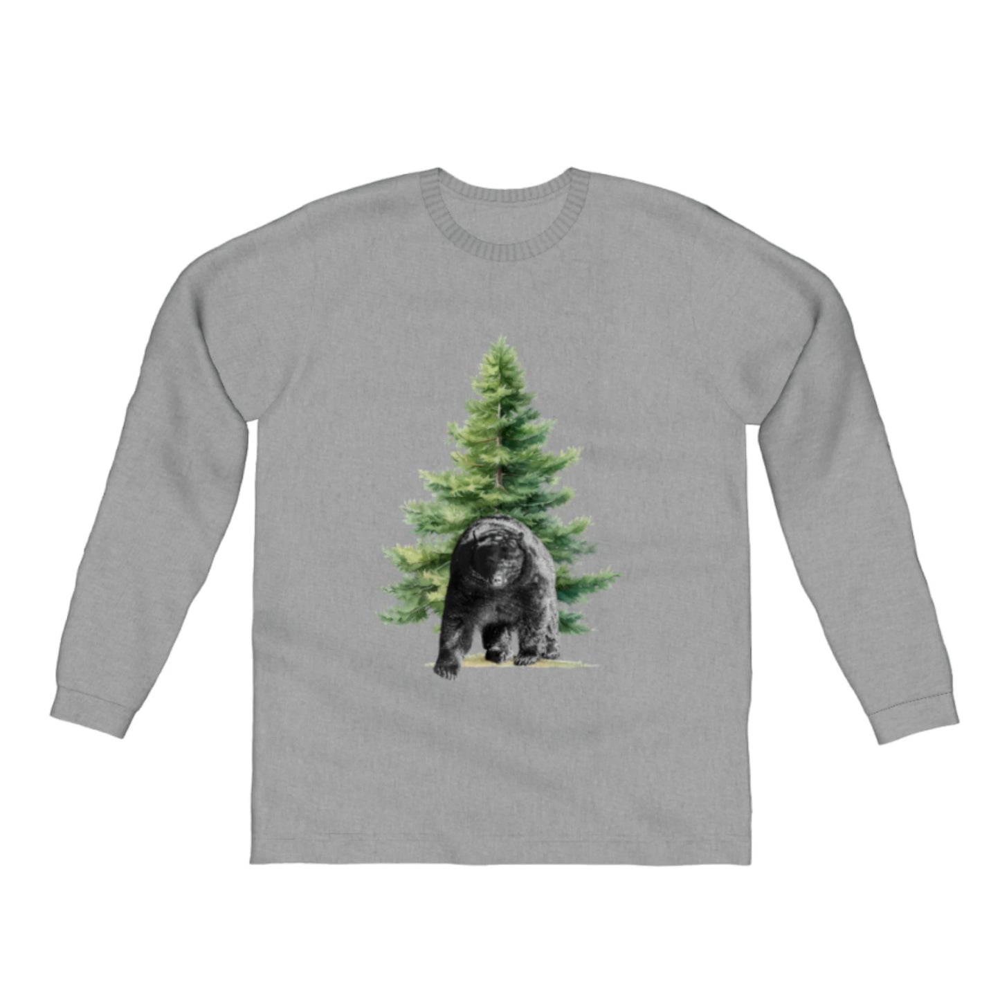 Observant Bear Comfort Long Sleeve Unisex T-shirt. the picture on the front of the shirt is of a bear standing in front of a tree.  by van isle goddess dot com