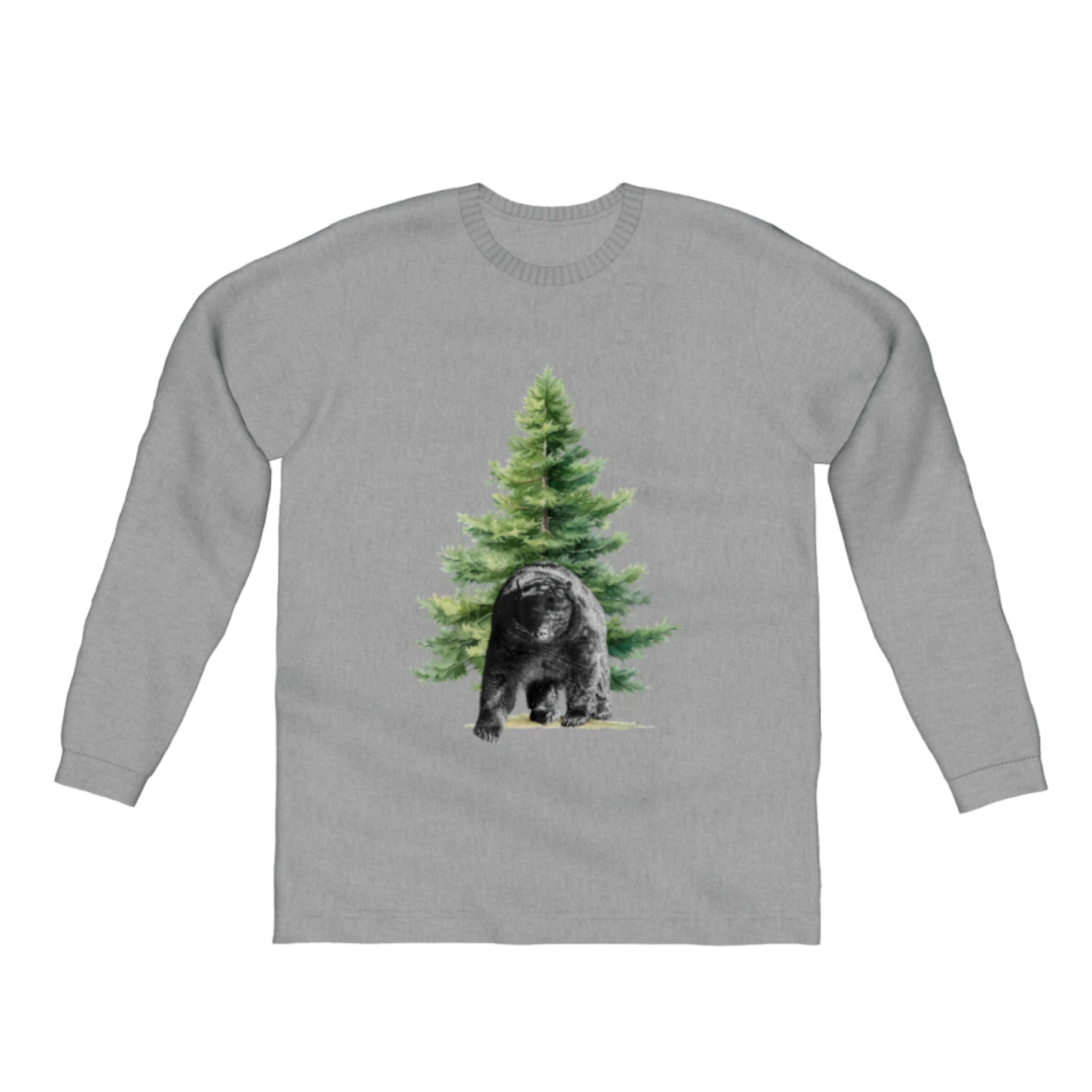 Observant Bear Comfort Long Sleeve Unisex T-shirt. the picture on the front of the shirt is of a bear standing in front of a tree.  by van isle goddess dot com