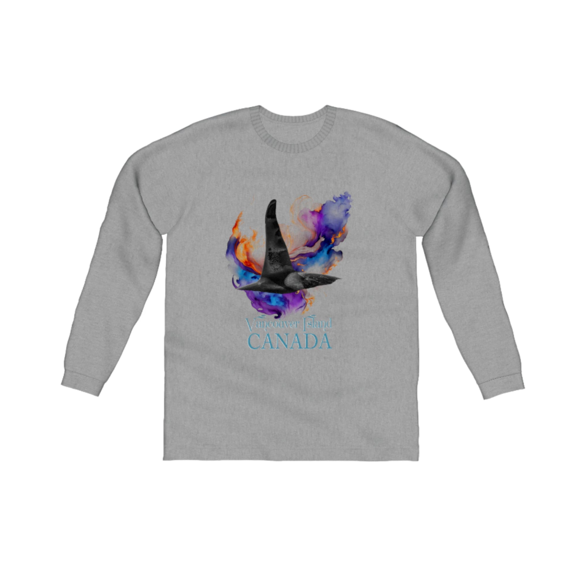 Orca Aura Vancouver Island Canada Comfort Long Sleeve Unisex T-shirt.  the image on the front of the shirt is of a male orca dorsal fin with a colourful abstract background. by van isle goddess dot com