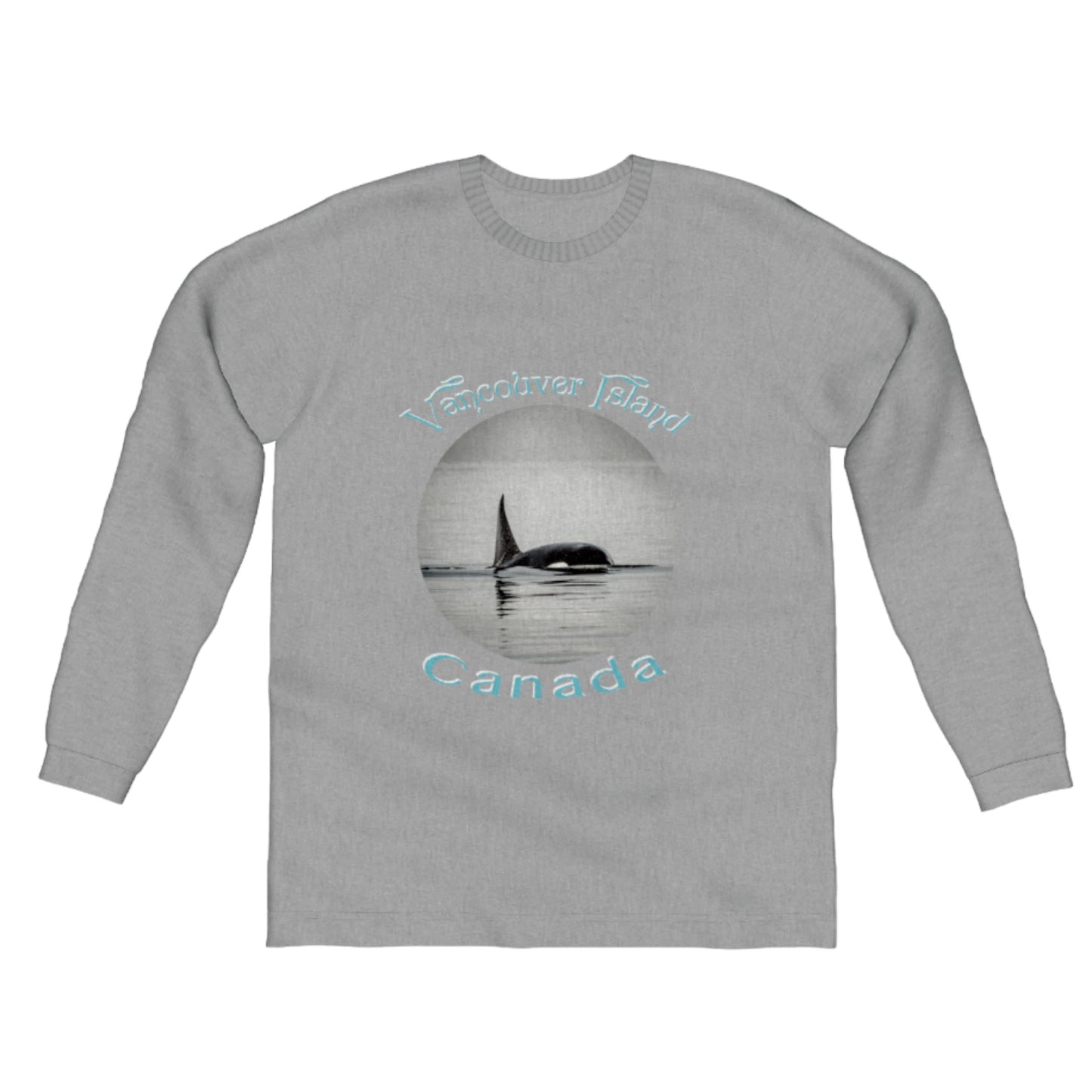 Orca Spray Vancouver Island Canada Comfort Long Sleeve Unisex T-shirt. The image is of a orca with the words vancouver island canada. by van isle goddess dot com