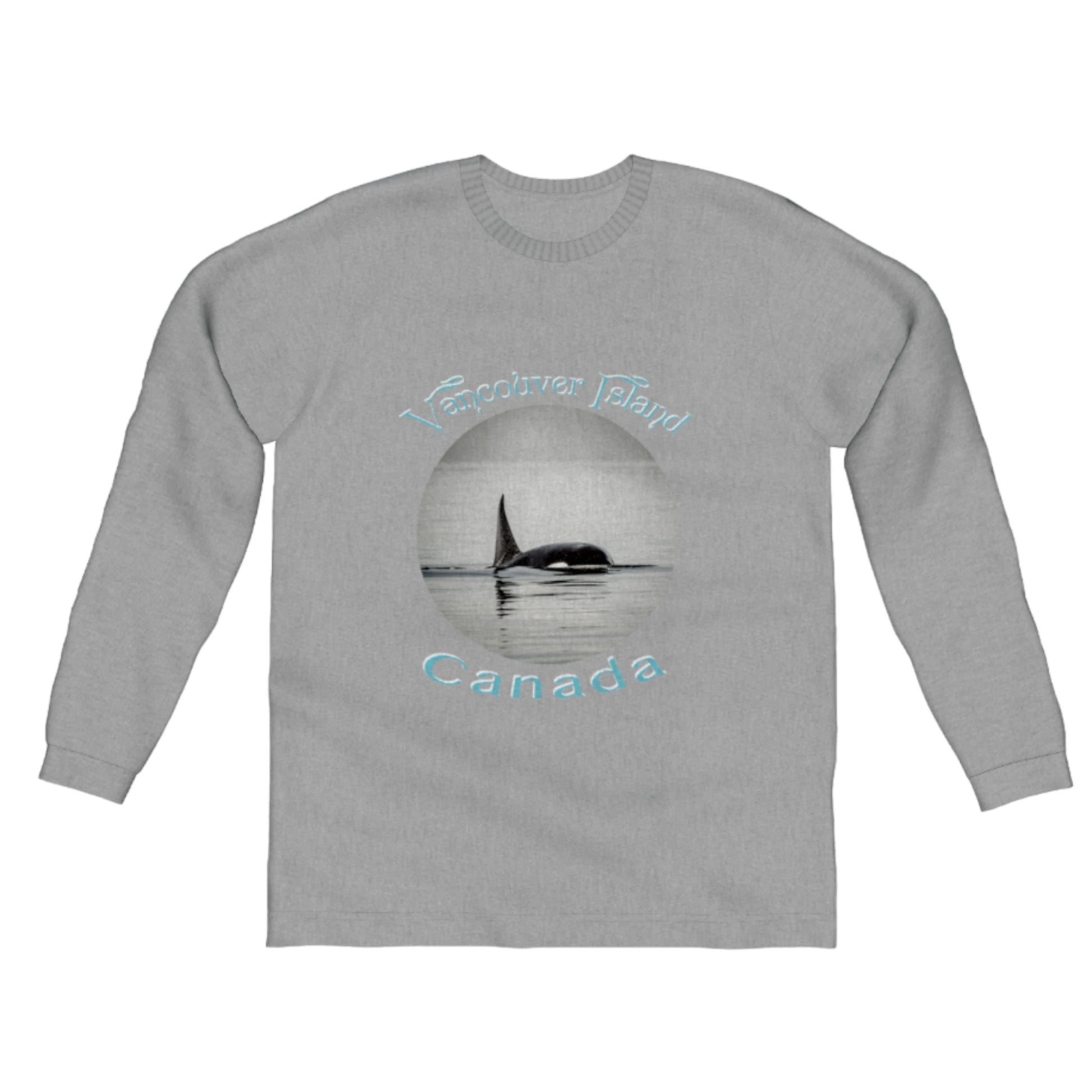 Orca Spray Vancouver Island Canada Comfort Long Sleeve Unisex T-shirt. The image is of a orca with the words vancouver island canada. by van isle goddess dot com
