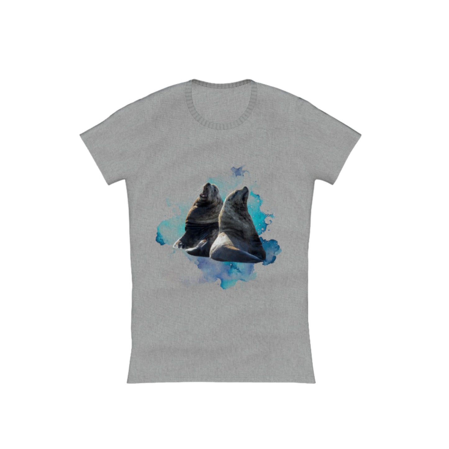 Sea Lions Communication Comfort Slim Fit T-shirt. The image is of two sea lions with a ocean blue abstract background.