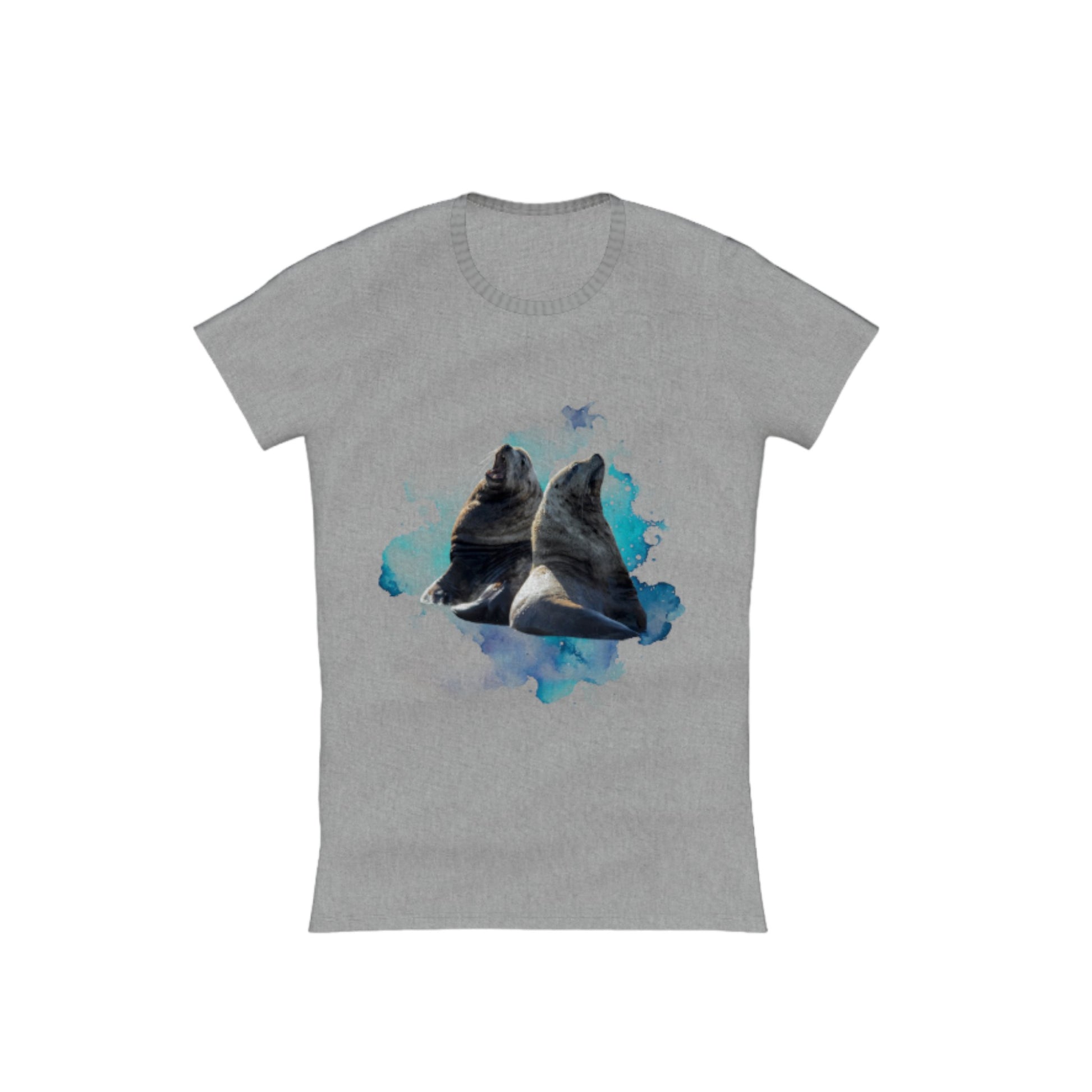 Sea Lions Communication Comfort Slim Fit T-shirt. The image is of two sea lions with a ocean blue abstract background.