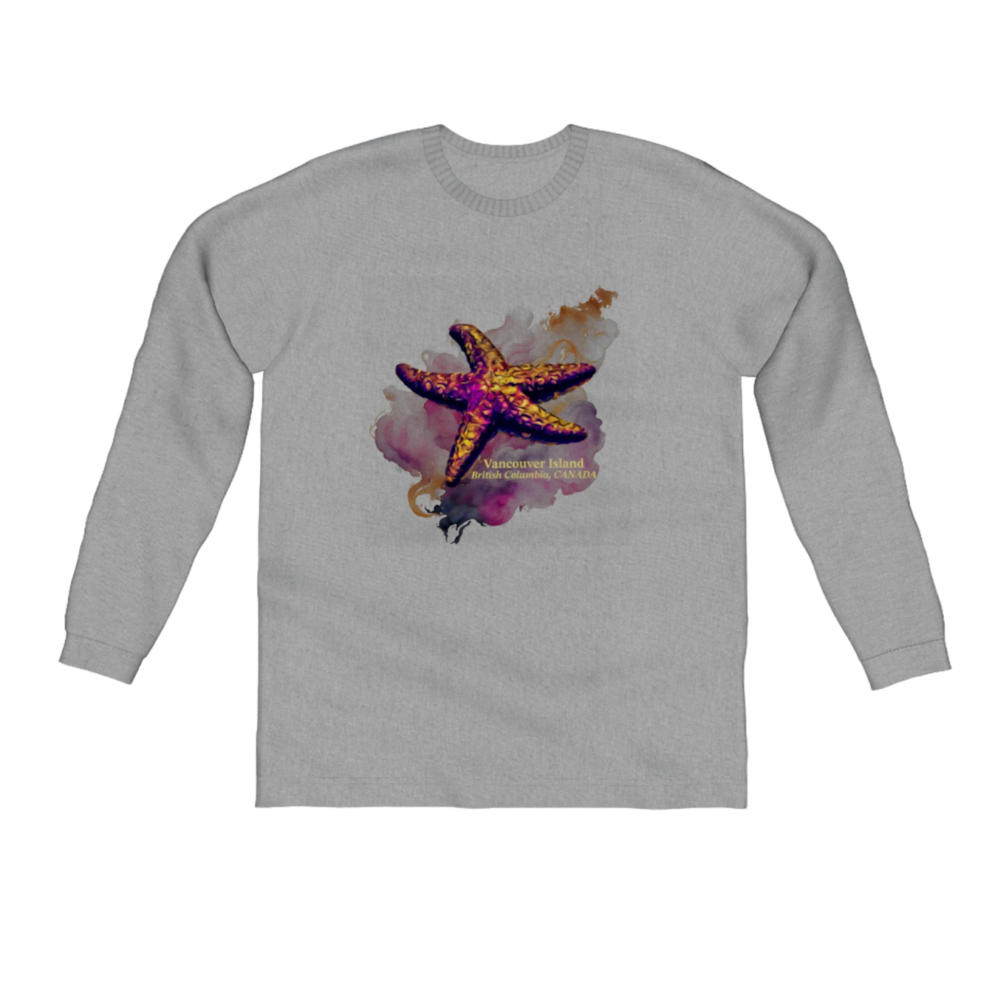 Star Track Vancouver Island BC Canada Comfort Long Sleeve Unisex T-Shirt. The image on the front of the shirt is a starfish on a colourful abstract background. by van isle goddess dot com
