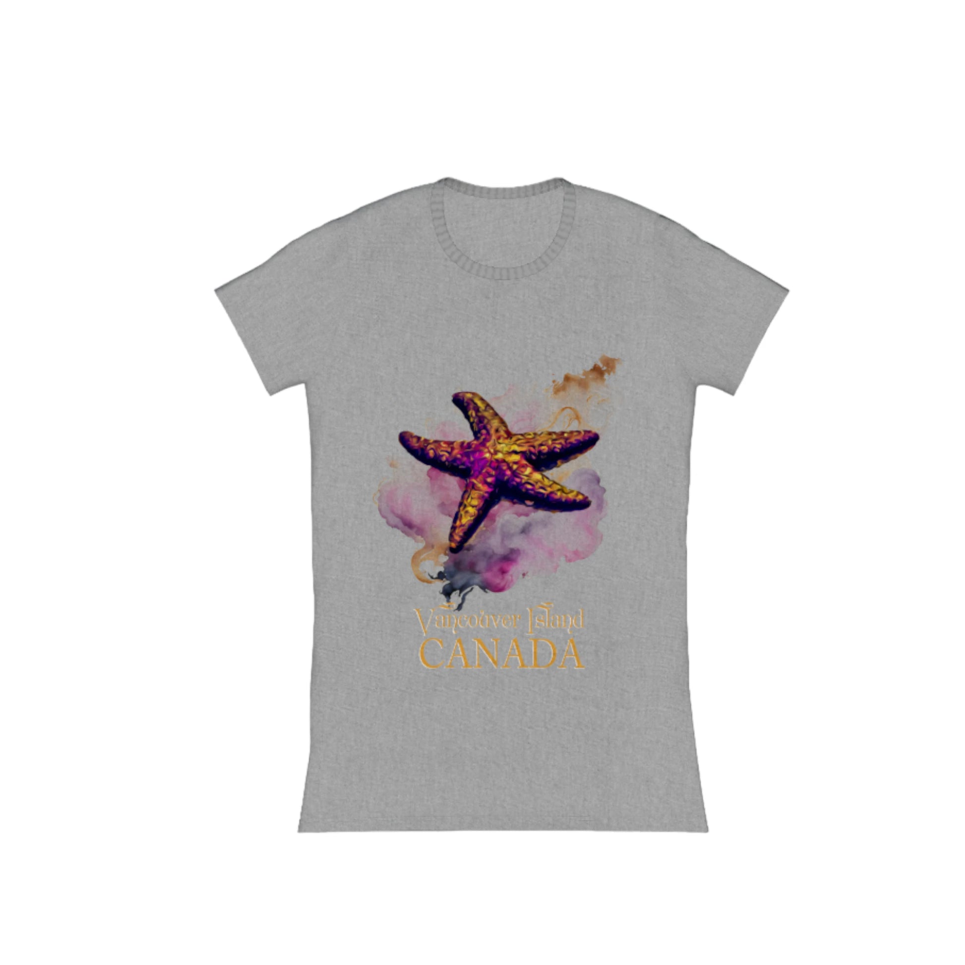 Star Track Vancouver Island Canada Comfort Slim Fit T-shirt. the image on the front of t he shirt is a starfish with a colourful abstract background. the words on the shirt read Vancouver Island Canada