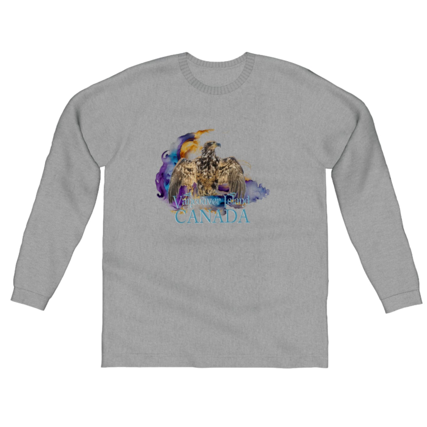 Thunderbird Vancouver Island Canada Comfort Long Sleeve Unisex T-shirt. the image on the front of the shirt is of an eagle in the thunderbird position.  A colorful abstract is behind the eagle. by van isle goddess dot com