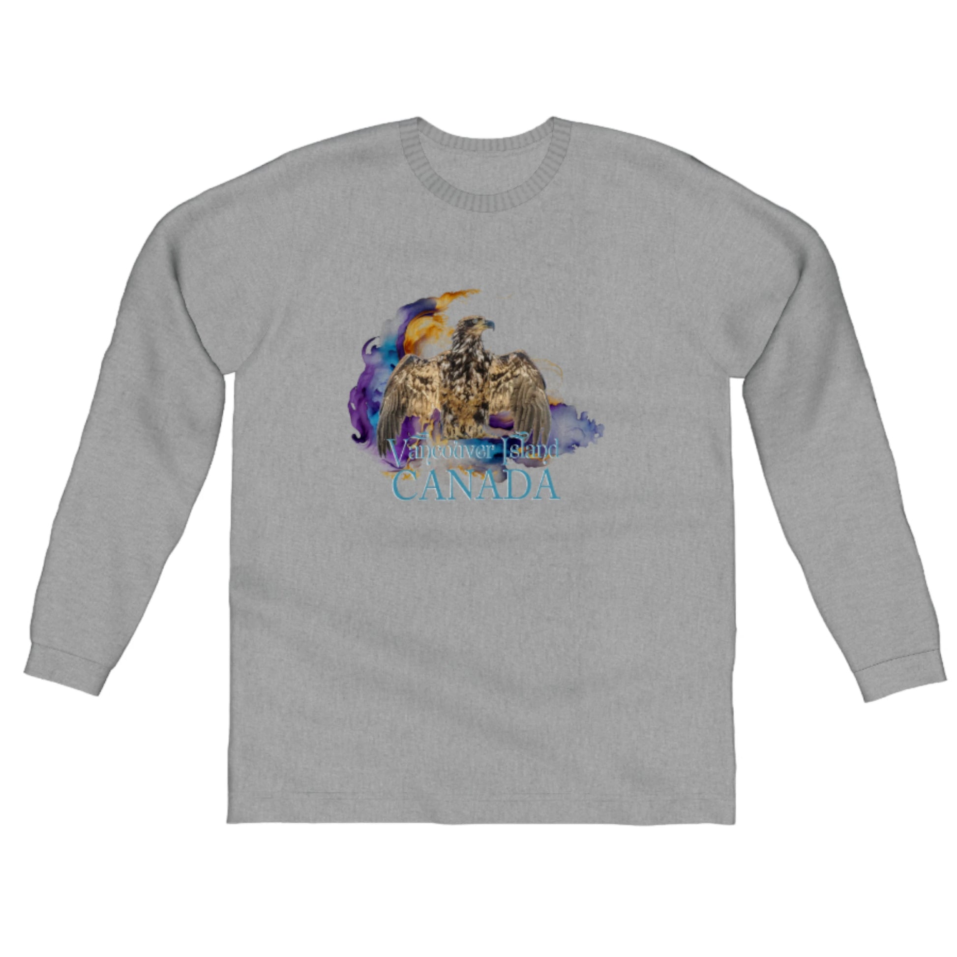 Thunderbird Vancouver Island Canada Comfort Long Sleeve Unisex T-shirt. the image on the front of the shirt is of an eagle in the thunderbird position.  A colorful abstract is behind the eagle. by van isle goddess dot com