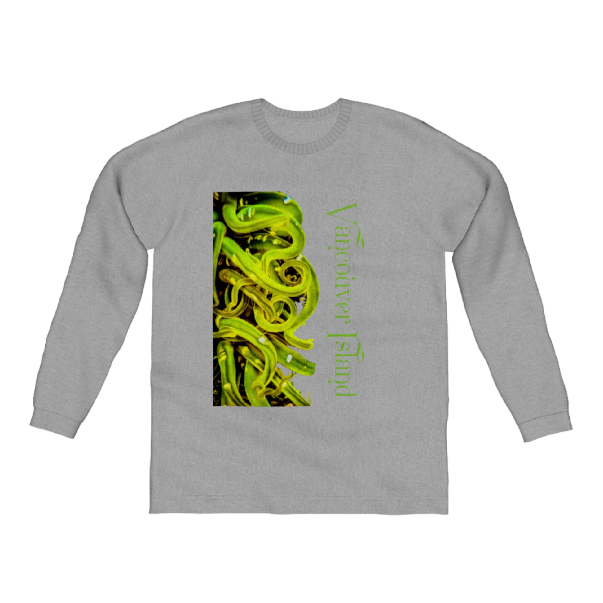 Vancouver Island Sea Anemone Comfort Long Sleeve Unisex T-Shirt. The image is of a green sea anemone with its tentacles swaying in the ocean water at low tide.  The words on the t shirt read Vancouver Island. by van isle goddess dot com