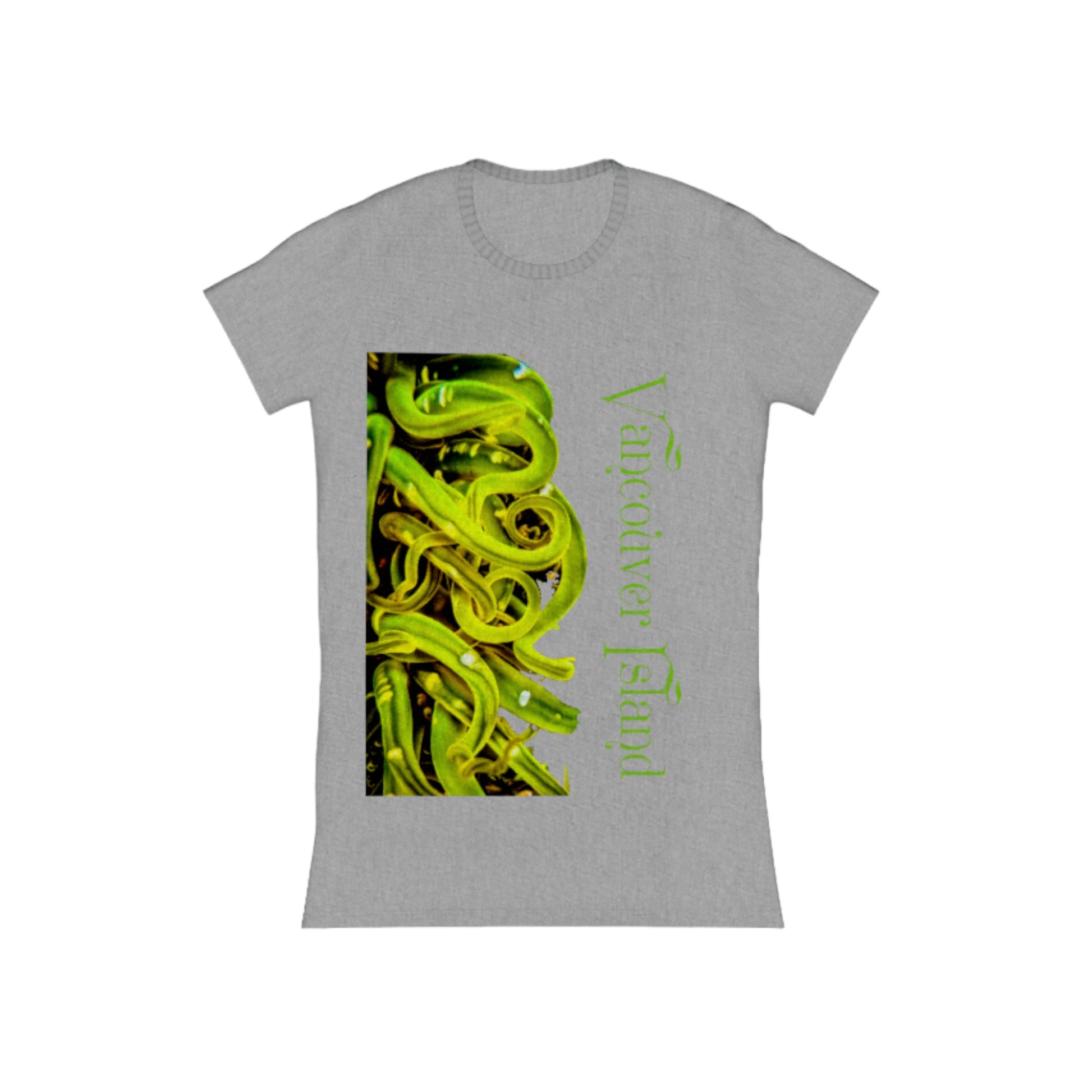 Vancouver Island Sea Anemone Comfort Slim Fit T-shirt. The image is of a green sea anemone under water .  The words read Vancouver Island