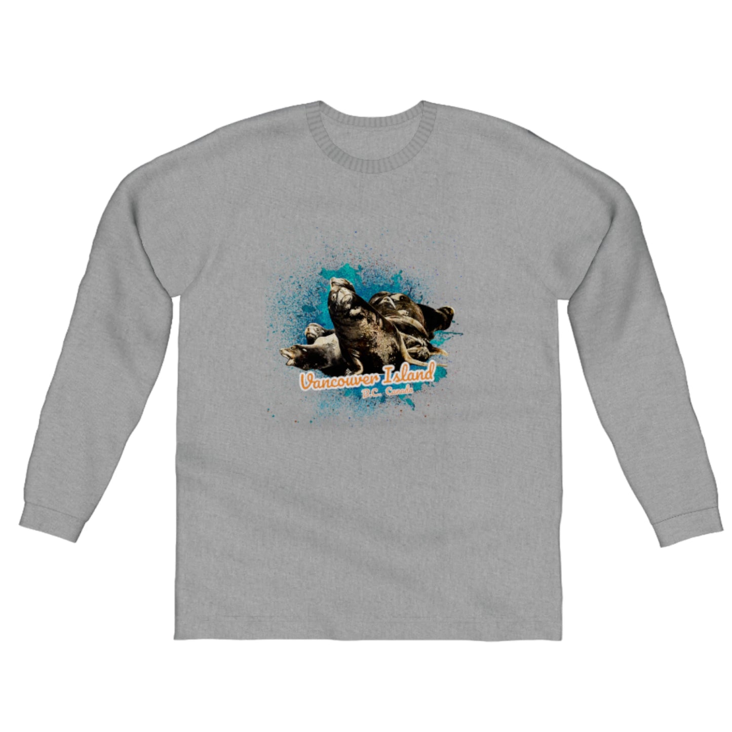 What's Up? Sea Lions Vancouver Island BC Canada Comfort Long Sleeve Unisex T-Shirt. The image on the front of the shirt is of a group of curious sea lions on a log raft. by van isle goddess dot com