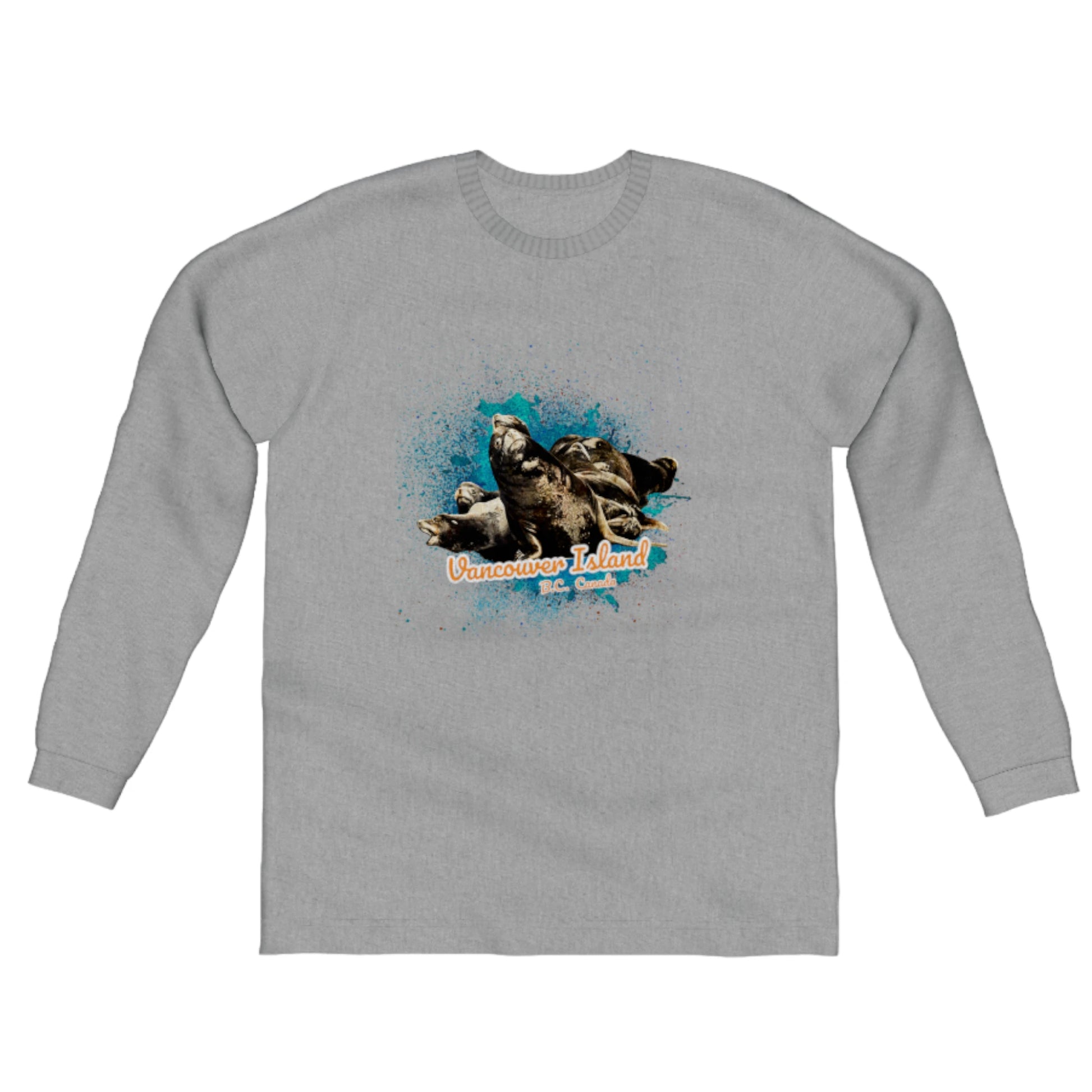 What's Up? Sea Lions Vancouver Island BC Canada Comfort Long Sleeve Unisex T-Shirt. The image on the front of the shirt is of a group of curious sea lions on a log raft. by van isle goddess dot com
