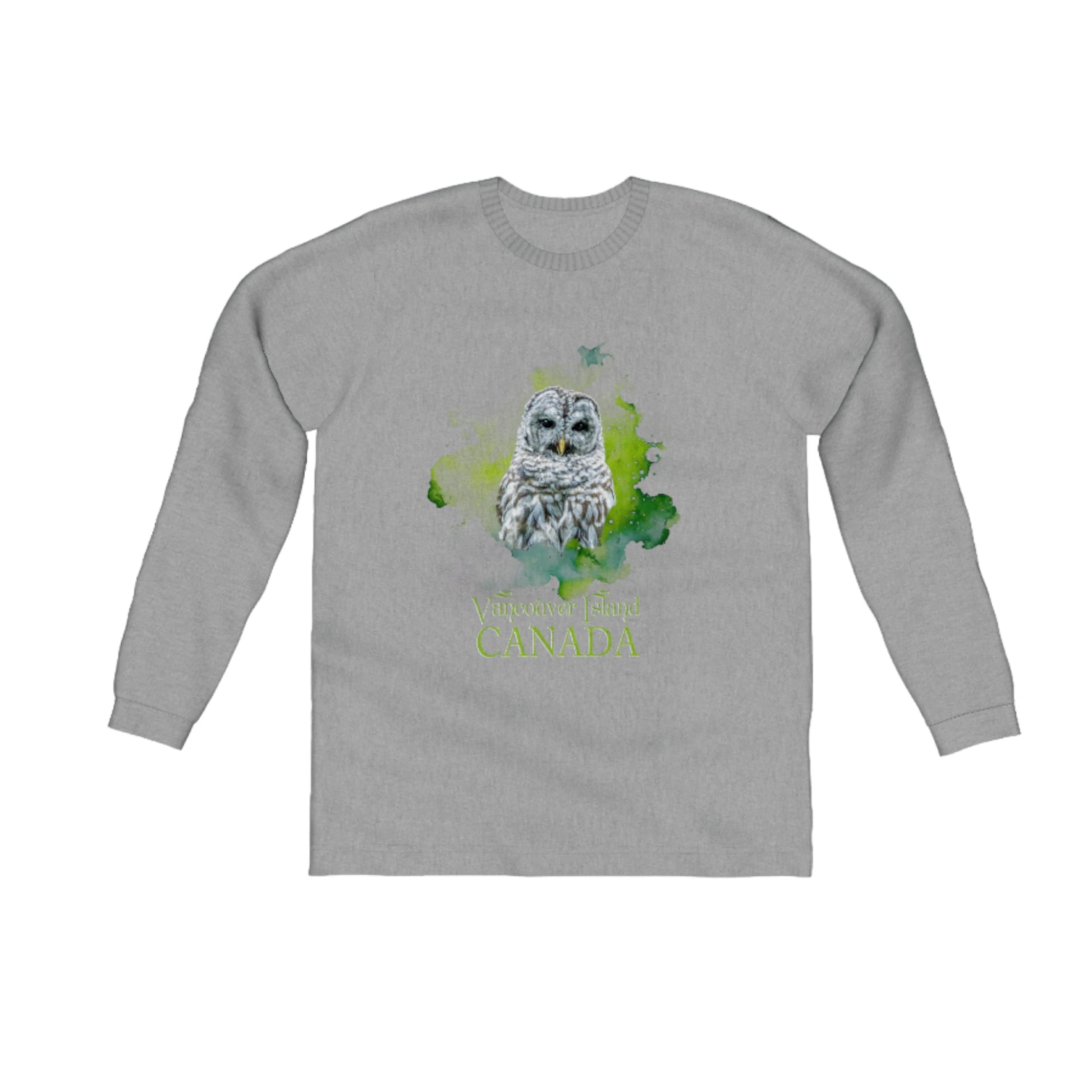 Wise Owl Vancouver Island Canada Comfort Long Sleeve Unisex T-shirt. The image on the front of the shirt is of a barred owl with a green abstract of colours behind it.  the words on the t shirt read Vancouver Island Canada in green.  by van isle goddess dot com