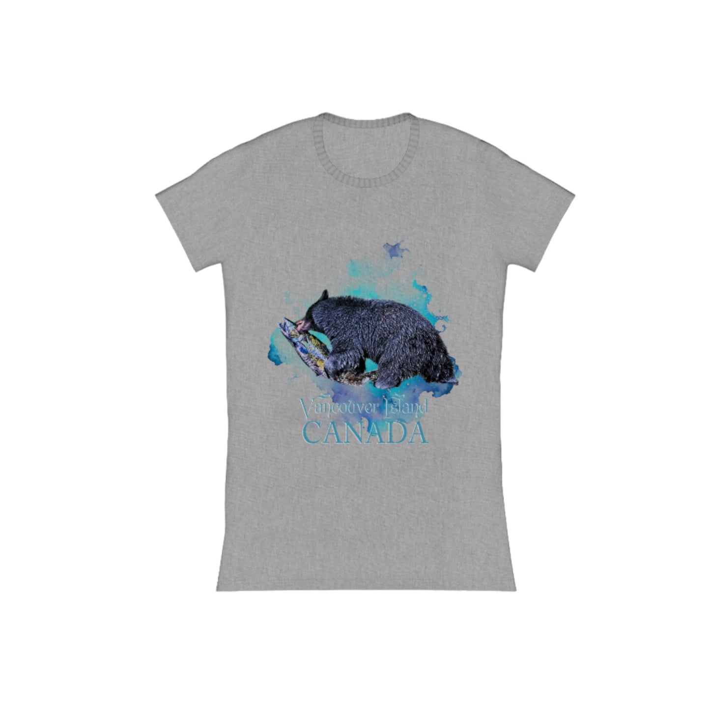 Salmon Bear Vancouver Island Canada Comfort Slim Fit T-shirt  The image is of a bear with a fresh caught salmon in its mouth with a ocean blue abstract background.