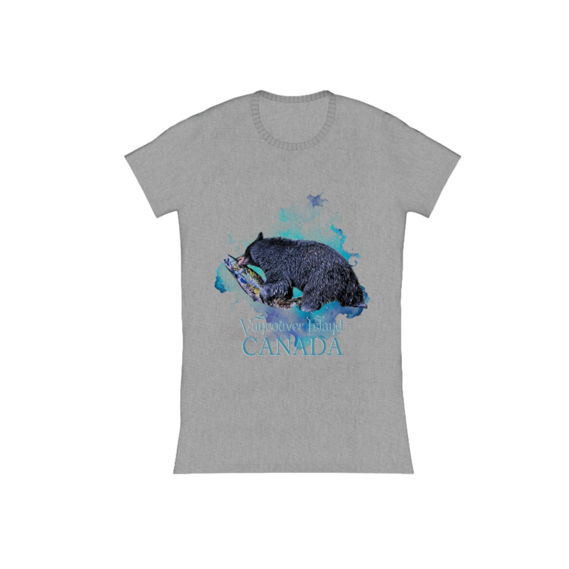 Salmon Bear Vancouver Island Canada Comfort Slim Fit T-shirt  The image is of a bear with a fresh caught salmon in its mouth with a ocean blue abstract background.