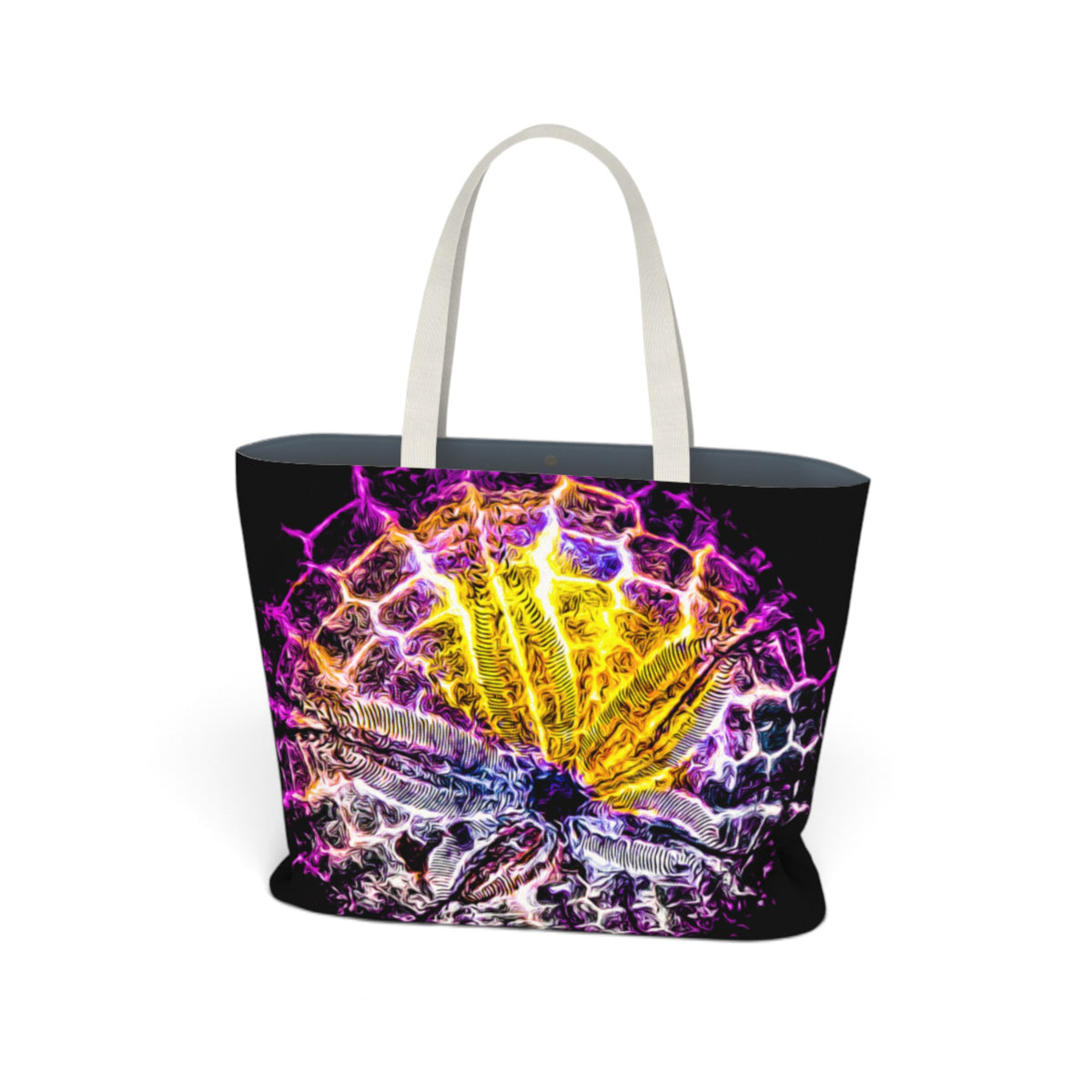 A black tote bag with white shoulder straps, featuring a vibrant, detailed graphic print of a glowing yellow and purple winged creature on the front, set against a plain white background.