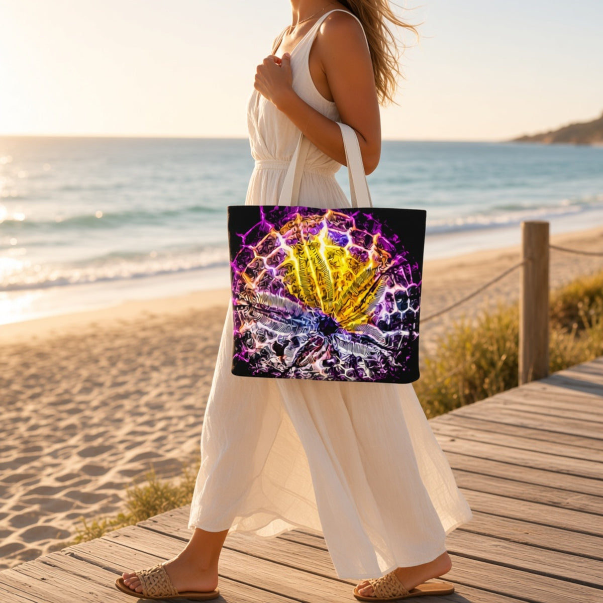 A woman in a white dress stands on a wooden boardwalk by the beach, holding a black tote bag with a vibrant purple, yellow, and white spiderweb design.