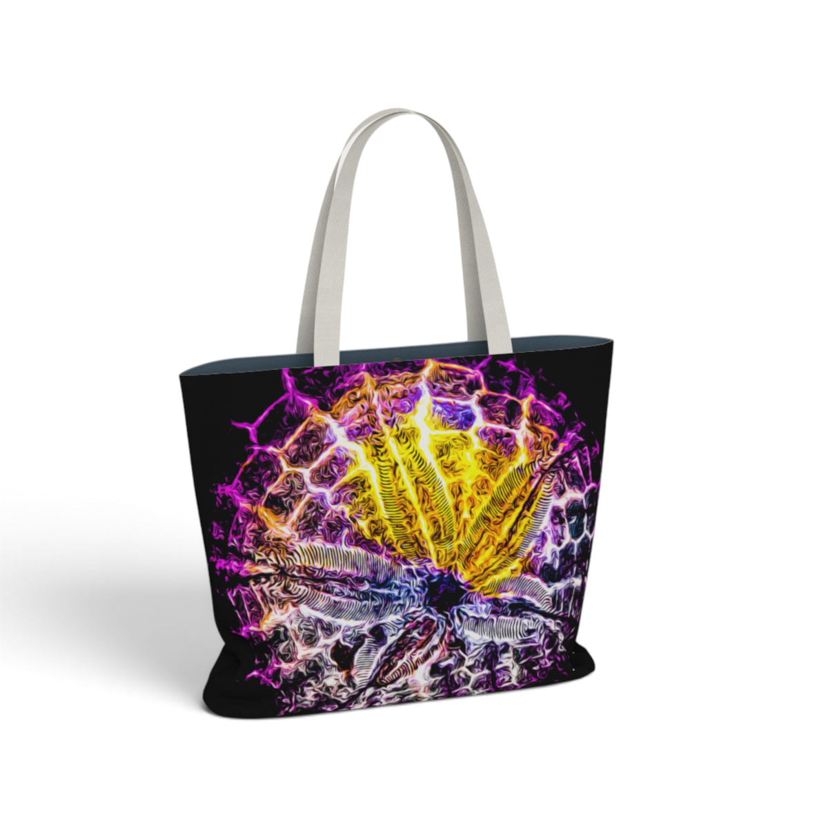 A black tote bag with white shoulder straps, featuring a vibrant, colorful graphic print of a glowing yellow and purple shell on the front, set against a plain white background.