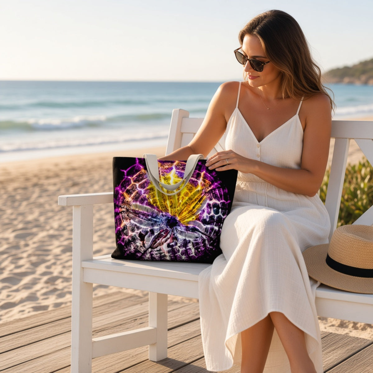 A woman in a white dress sits on a white wooden beach bench, holding a large tote bag with a colorful tie-dye pattern featuring purple, yellow, and white. The background shows a sandy beach and the ocean.