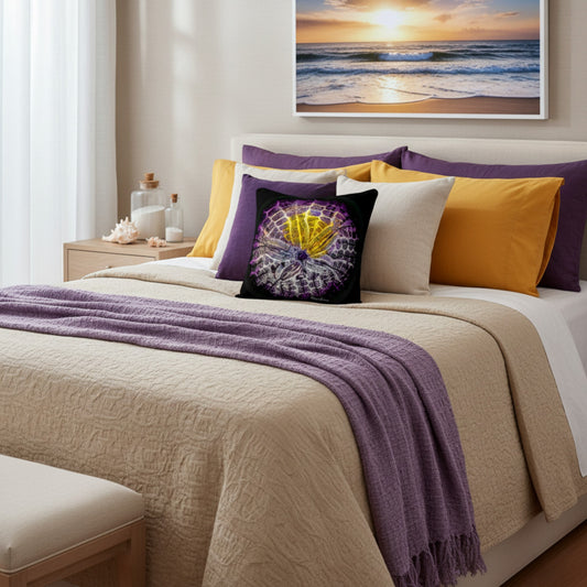 A styled bed in a bright bedroom setting with beige bedding, purple and mustard yellow pillows, a purple throw blanket, and a black accent pillow featuring a colorful shell illustration. A framed ocean sunset print hangs on the wall above the headboard.