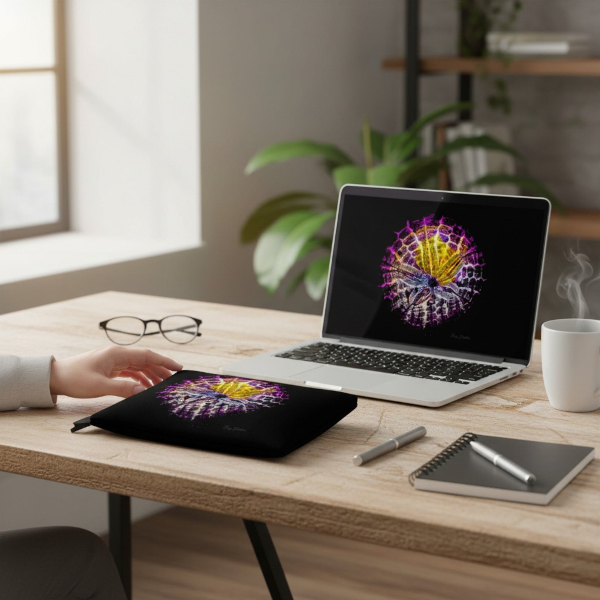 Laptop on a wooden desk with a colorful screen, a matching adventure tote , a mug, and a notebook.