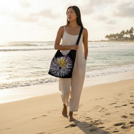 Woman walking on a beach holding a tote bag with a colorful design.