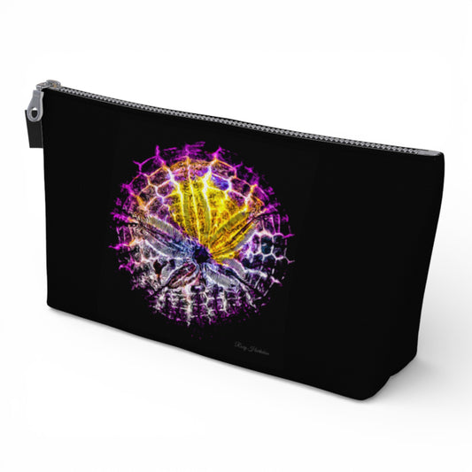 Black pouch with a colorful abstract design on a white background