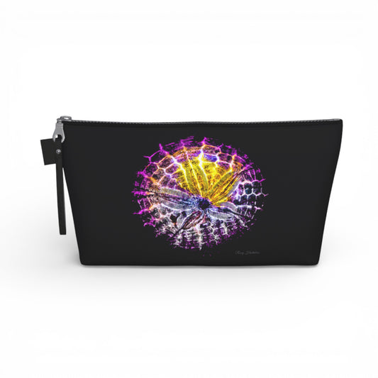 Black pouch with a colorful abstract design on a white background