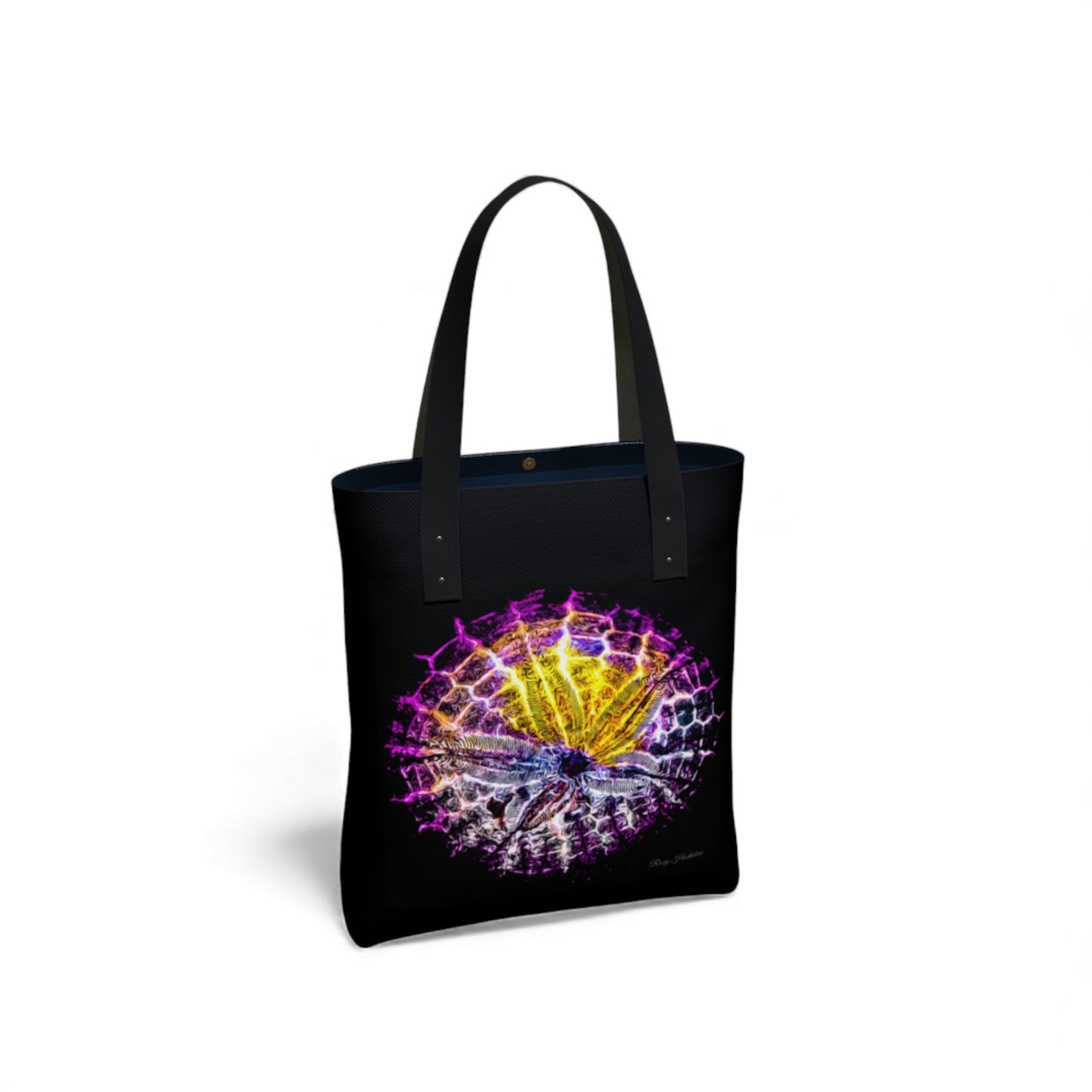 Black tote bag with a colorful sand dollar design on a white background