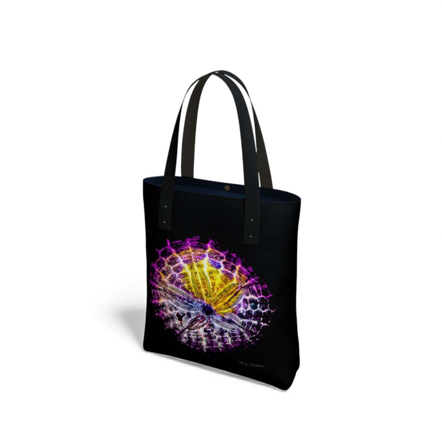 Black tote bag with a colorful sand dollar design on a white background