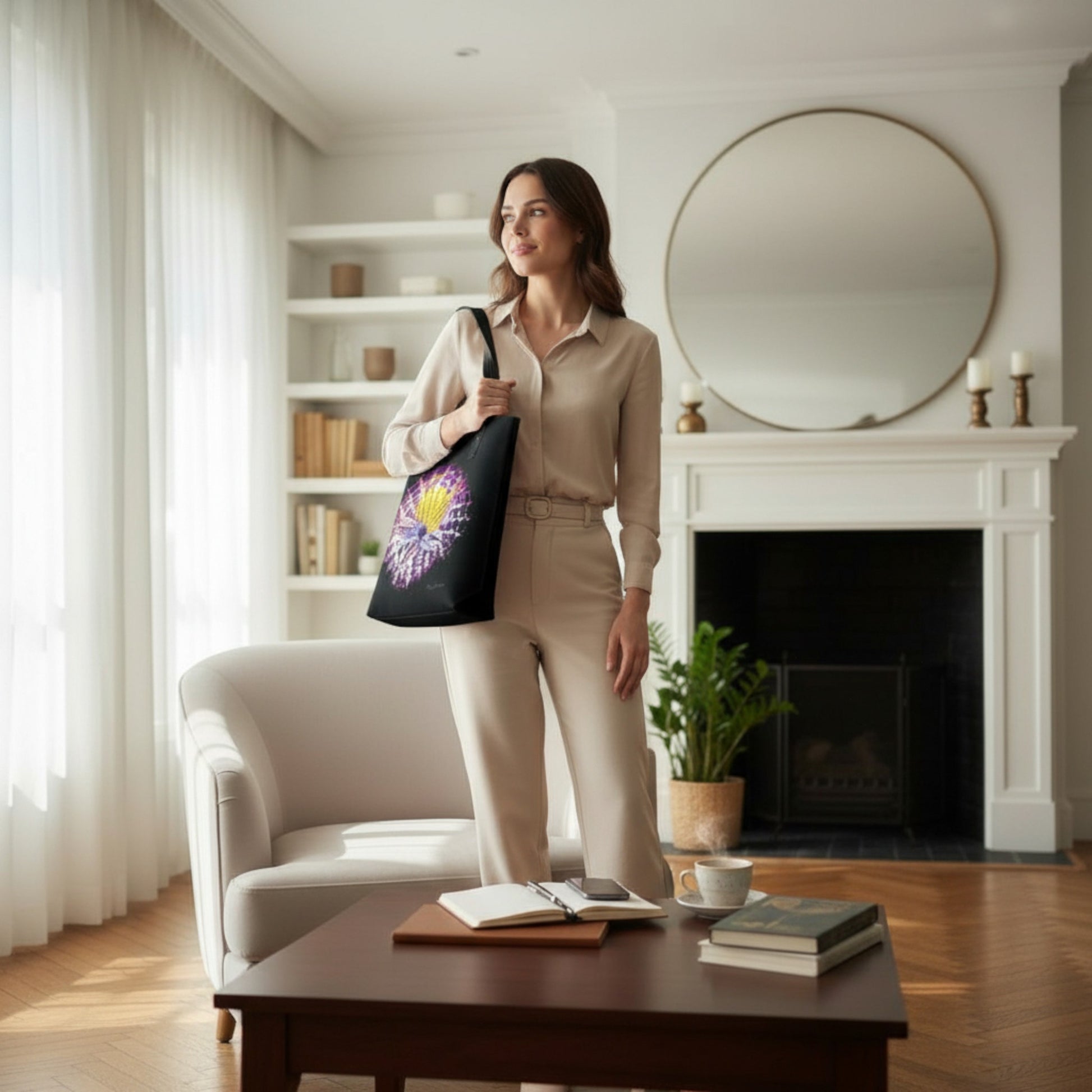 Woman holding a colorful tote bag in a living room with a fireplace and books on a coffee table.