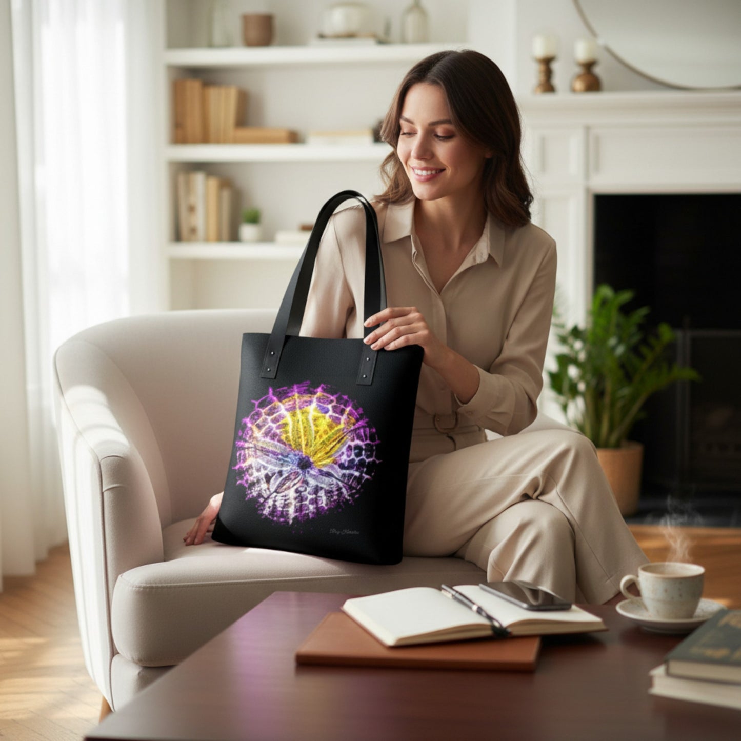 Woman holding a tote bag with a colorful design in a cozy living room.