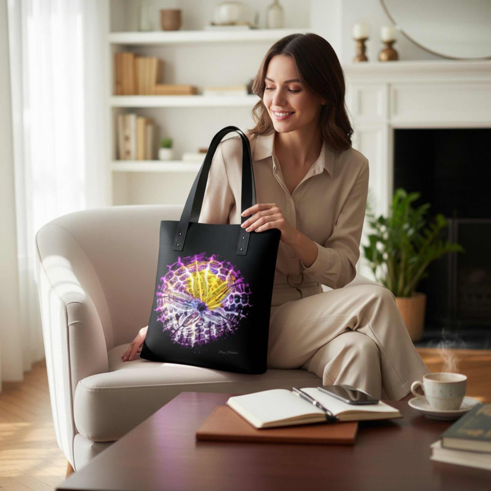 Woman holding a tote bag with a colorful design in a cozy living room.