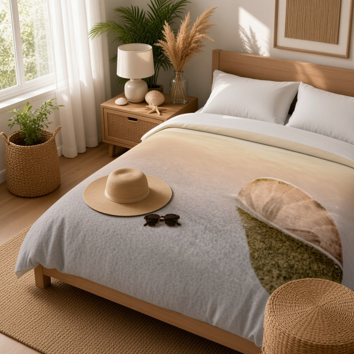 A styled bed in a bright, sunlit bedroom featuring a light blue and beige gradient duvet cover with a leaf pattern. A beige wide-brim hat and sunglasses rest on the duvet, with a wooden headboard, bedside table, and plants in the background.