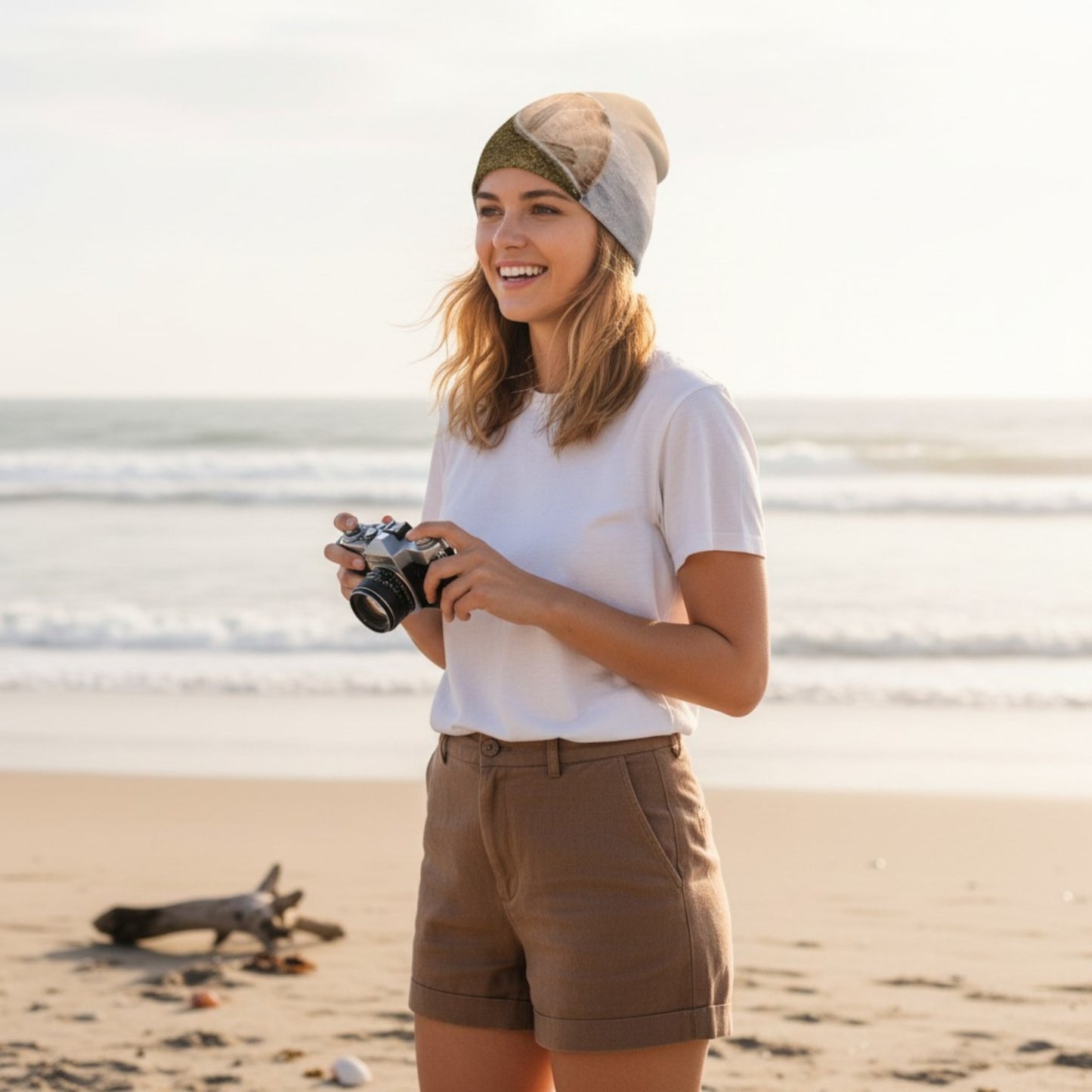Woman on a beach holding a camera, wearing a white t-shirt and brown shorts.