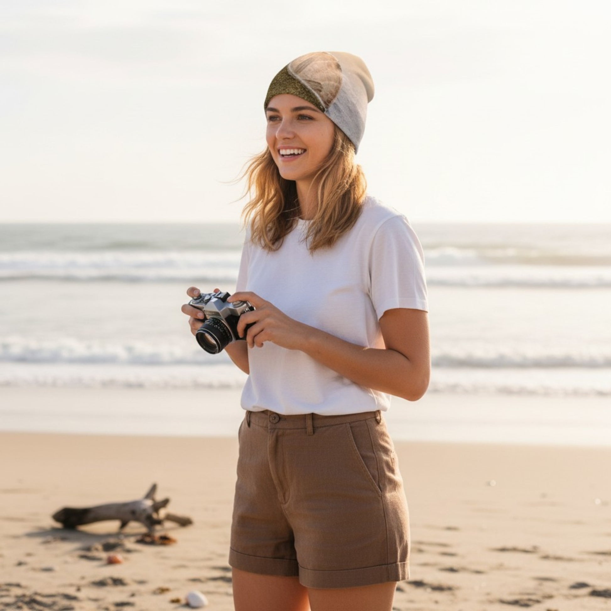 Woman on a beach holding a camera, wearing a white t-shirt and brown shorts.
