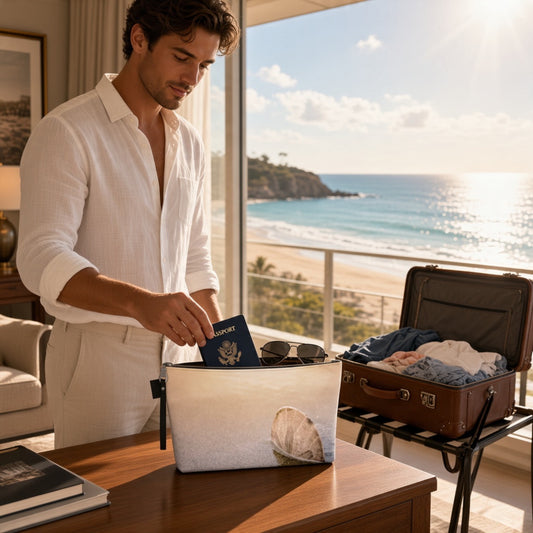 A man in a white linen shirt packs a blue passport into a white and beige shell-patterned travel organizer bag on a wooden table. The scene is set in a sunlit room with a large window overlooking a tropical beach, with an open brown suitcase on a stand nearby.