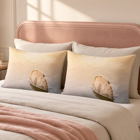 Two decorative bed pillows with a seashell design, styled on a bed with a blush pink headboard and neutral bedding.