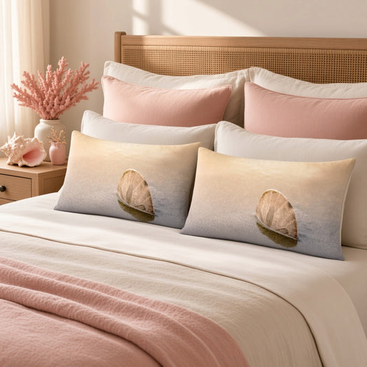 A styled bedroom scene with a bed dressed in cream bedding and blush pink pillows, featuring two rectangular decorative pillows with a printed seashell design. A wooden headboard, bedside table, and soft natural light are visible.