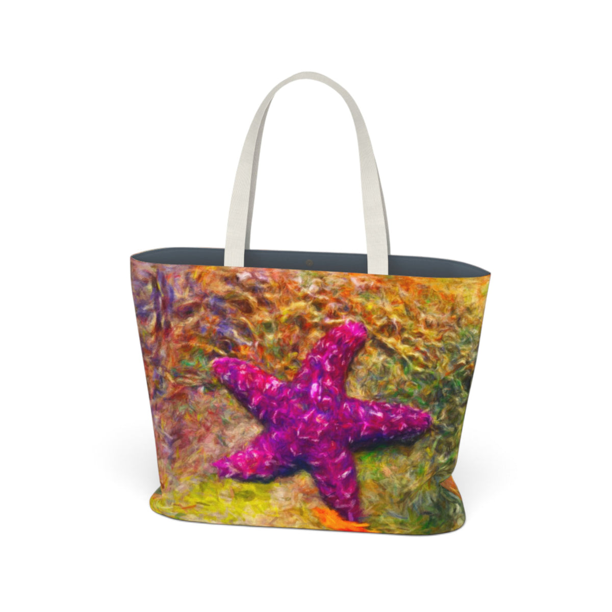 A tote bag featuring a colorful, textured painting of a purple starfish on an ocean reef background, with white shoulder straps and a dark interior, shown on a plain white background.