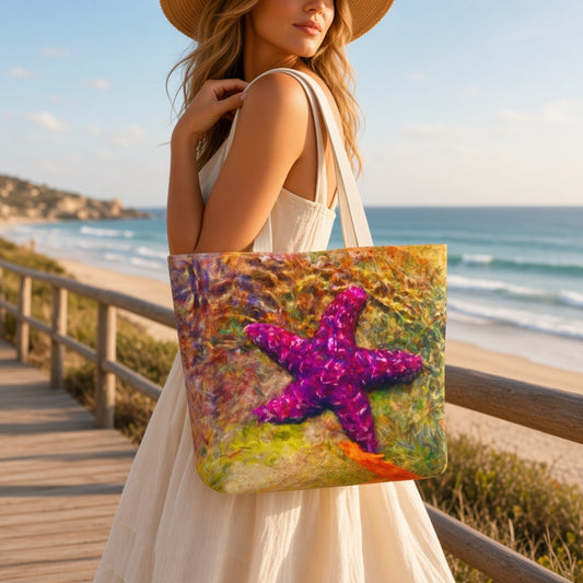 A woman on a beach boardwalk carries a large tote bag with a colorful abstract background and a prominent purple starfish design. The background shows the ocean, sand, and a wooden railing.