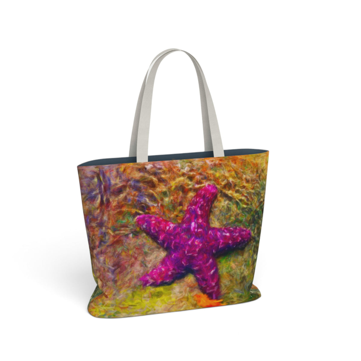 A tote bag featuring a colorful, textured print of a pink-purple starfish on a warm, painterly background, with light gray shoulder straps, shown on a plain white background.
