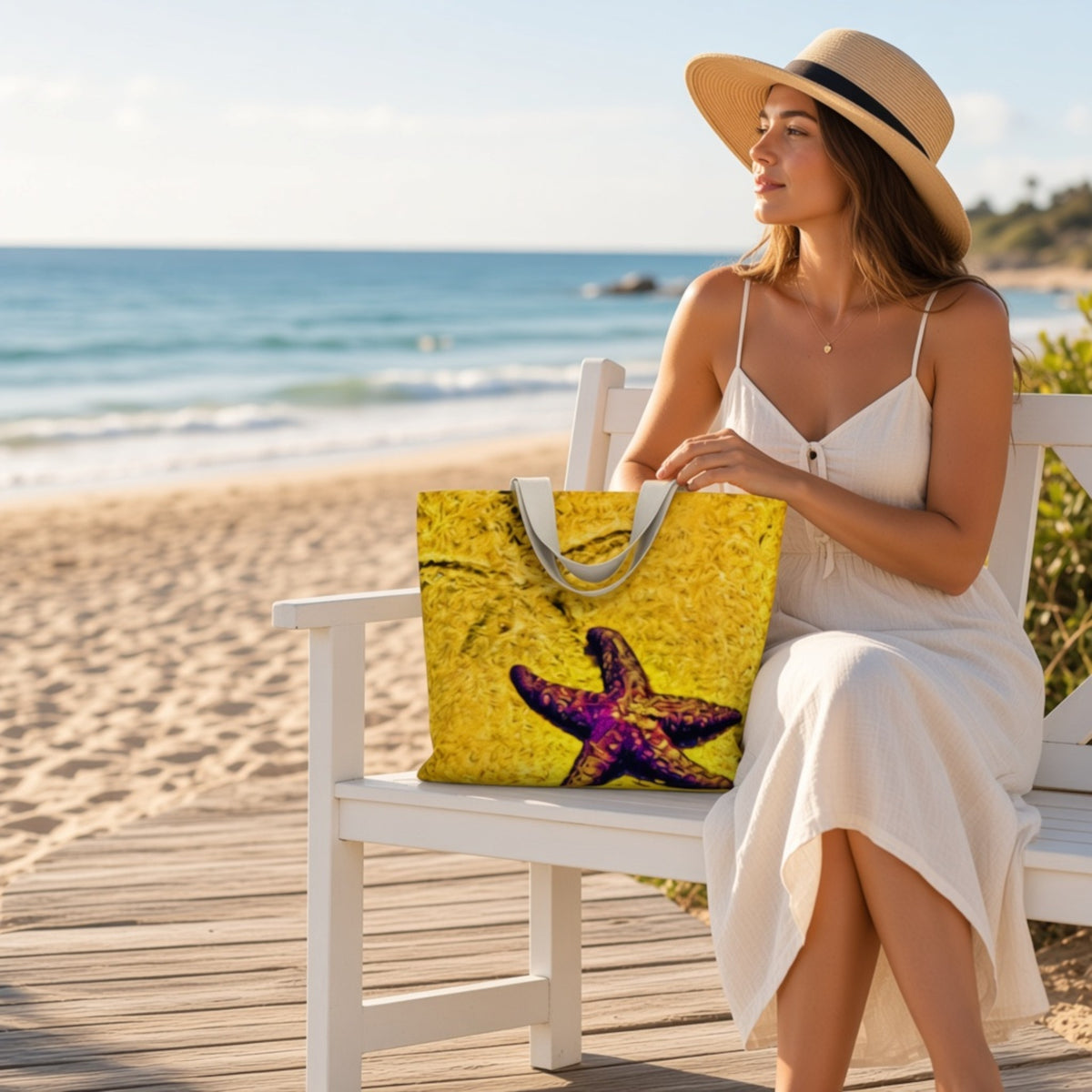 A woman in a white dress and straw hat sits on a white beach chair at the beach, holding a yellow tote bag with a purple starfish design.