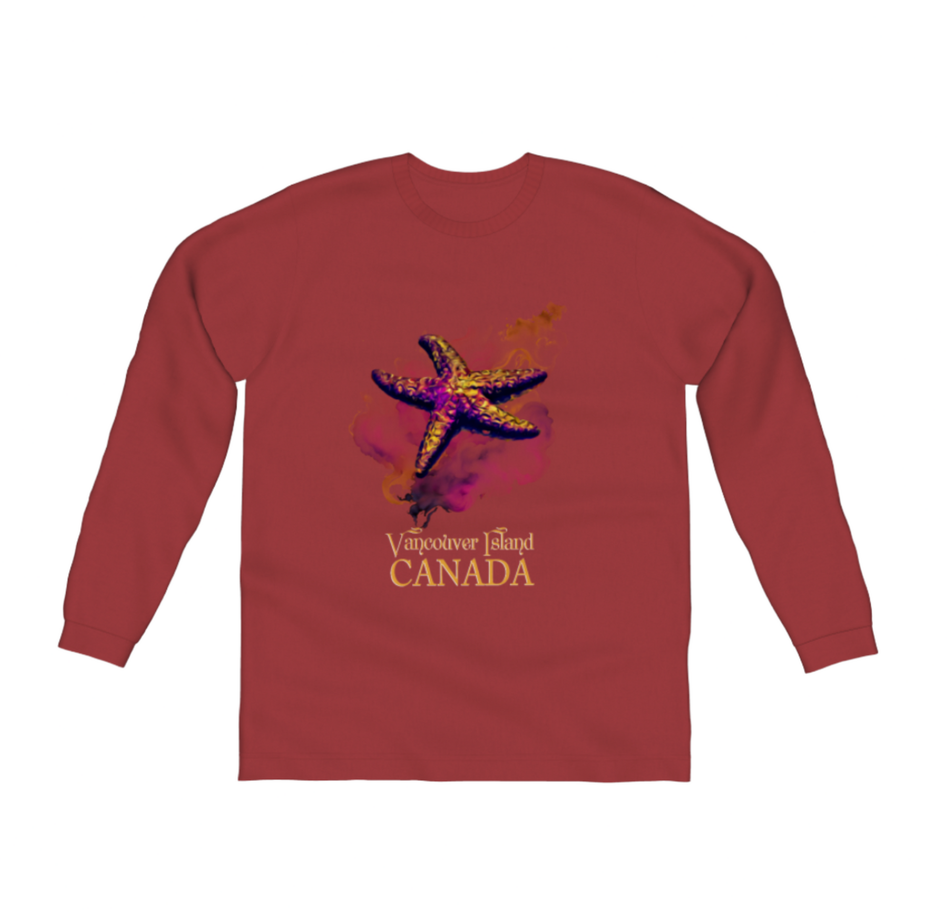 Star Track Vancouver Island Canada Comfort Long Sleeve Unisex T-shirt. the image on the front is of a starfish with a colourful abstract background. The words on the front say vancouver island canada by van isle goddess dot com