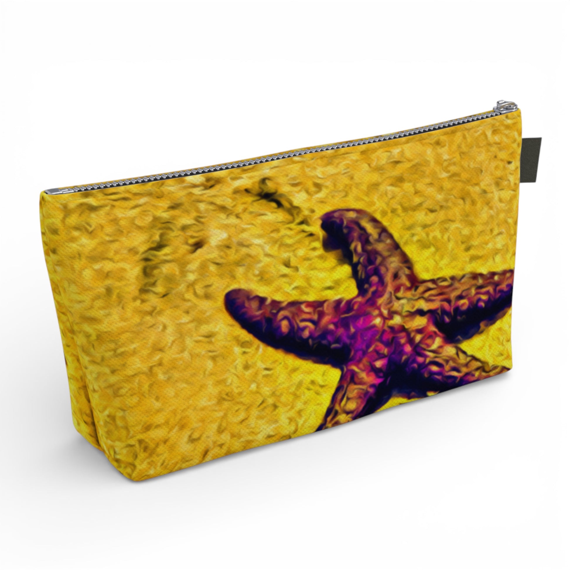 Yellow pouch with a starfish design on a white background