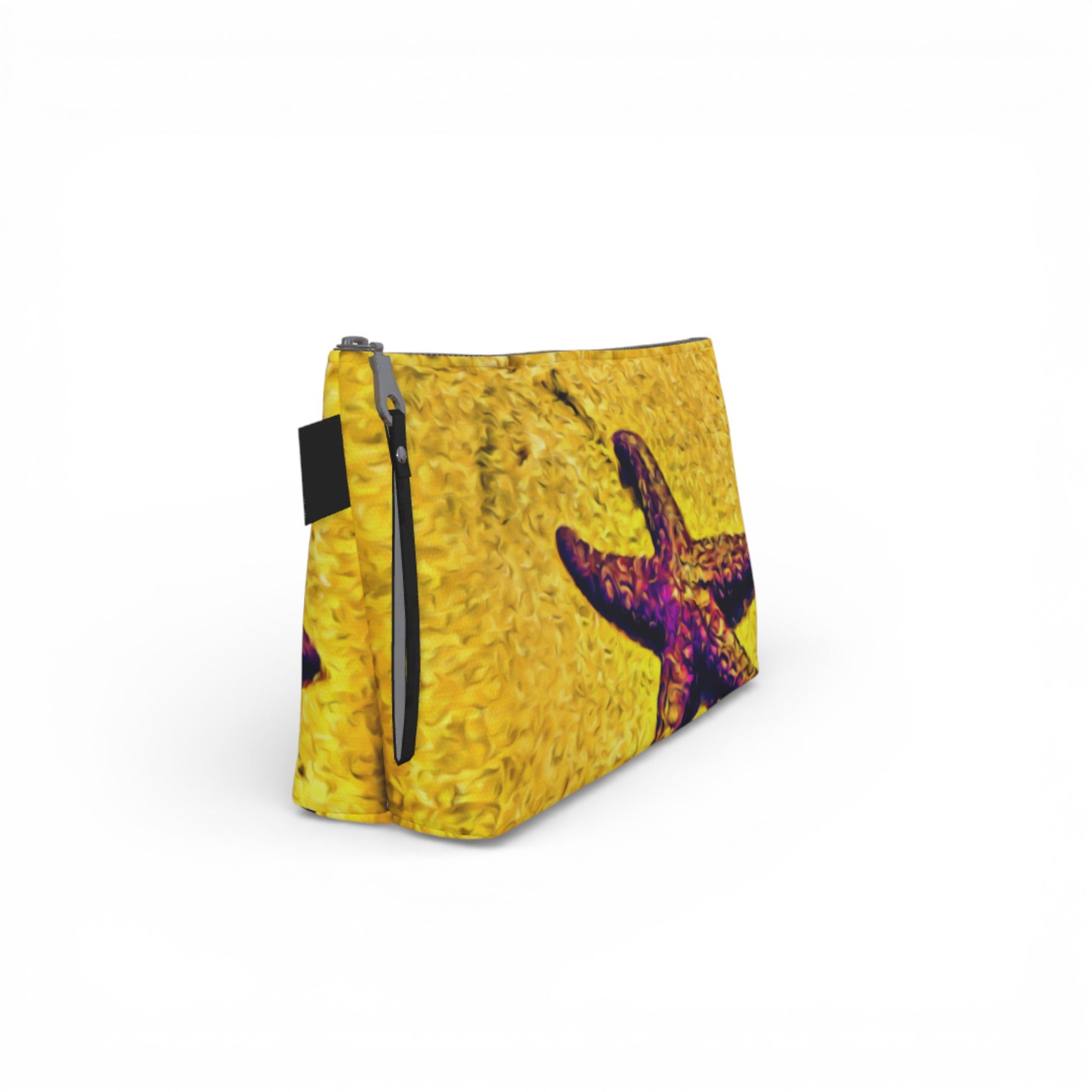 Yellow pouch with a colorful starfish design on a white background