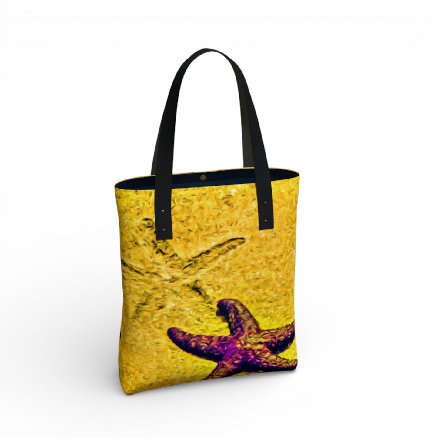 Tote bag with starfish design on a yellow background