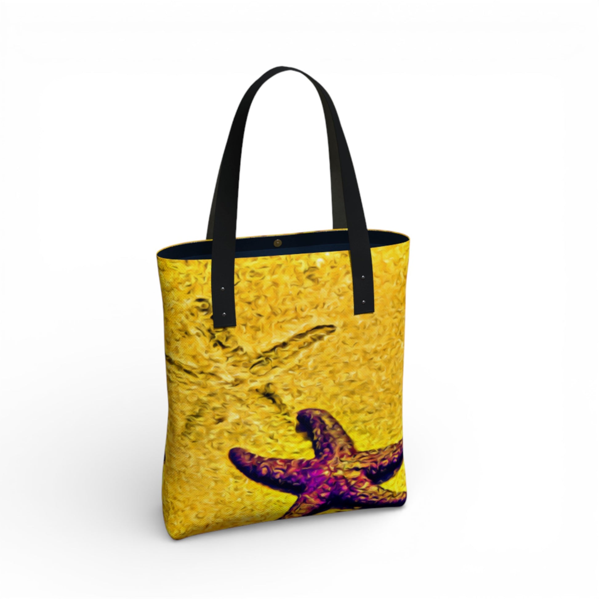 Tote bag with starfish design on a yellow background